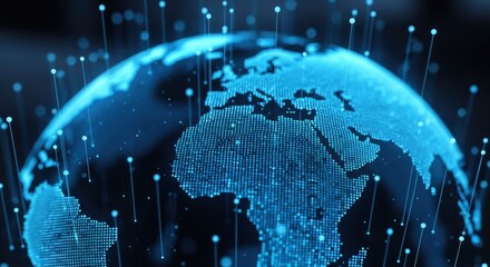 Global digital network connections abstract technology art with glowing lines spanning across the planet Earth, representing interconnectedness and communication