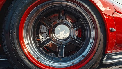 Close-up of a shiny custom wheel on a red vehicle.