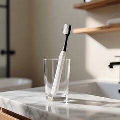 Spa Bathroom Vanity Display: White Toothbrush, Brass Cup, and Shell on Tonal Marble Counter