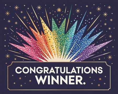 Vibrant rainbow burst of glittering stars and confetti celebrates a victorious winner with a bold congratulatory message