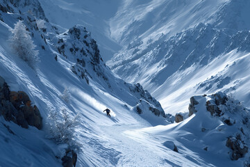 Solitary skier descending pristine mountain slope amid rugged snow-covered peaks