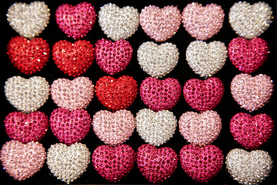 Santa Fe, New Mexico, United States. Valentines day decor., rows of sparkling hearts. 