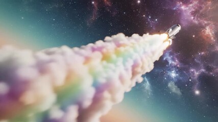 Spacecraft rocket ascends through colorful cosmic clouds in starry galaxy space. Exploration and universe journey concept with nebula, stars and ethereal atmosphere. Innovation, adventure