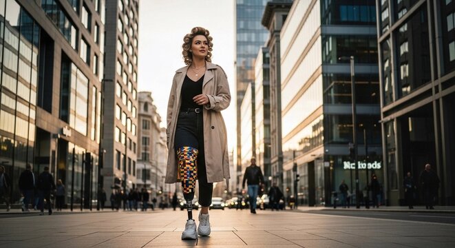 Stylish Woman Walking with Colorful Prosthetic Leg in Urban Cityscape – Bionic Technology, Mobility, Disability Inclusion
