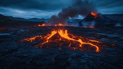Molten lava glows intensely under a dark night sky with smoke billowing from a volcanic eruption