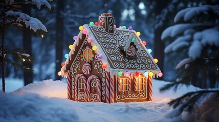 Enchanting gingerbread house adorned with colorful lights nestled in a snowy winter forest setting creating a magical holiday scene