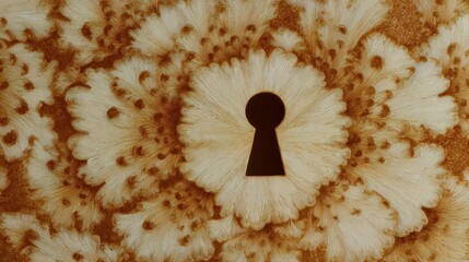 Close-up of a keyhole in the center of a flower-like pattern. the keyhole is black and is surrounded by a golden-brown background with a repeating pattern of small, intricate swirls and curves.