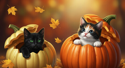 Two kittens, black and calico, in pumpkin containers with autumnal leaves. Symbolizes seasonal themes, friendship, and pet fondness, suitable for fall projects