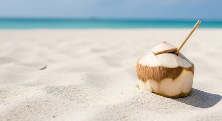 Coconut drink on the beach with white sand