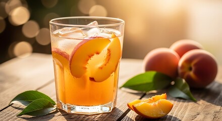 Peach iced tea with fresh fruit on table