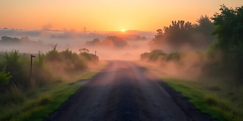 A peaceful sunrise illuminates a serene landscape featuring a fork in a dirt road. Two paths diverge surrounded by fog and vibrant greenery, creating a calm atmosphere