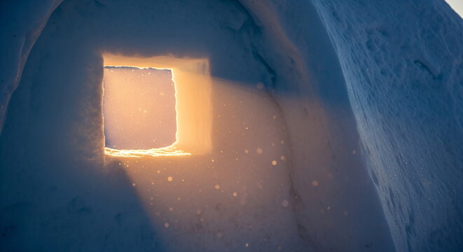Illuminated igloo in a cold arctic landscape at sunset, concept for winter accommodation or polar expedition