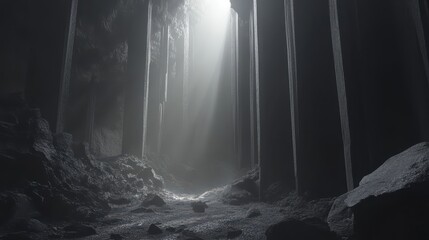 Natural basalt columns illuminated by dramatic light rays in a rocky environment