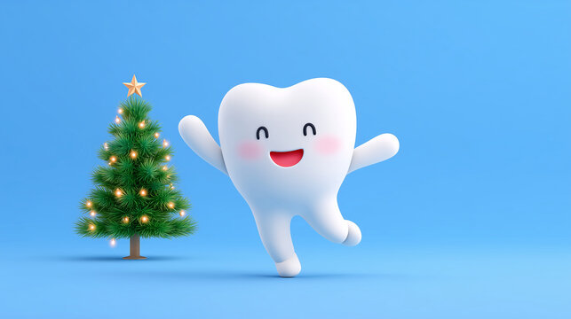 cute 3d tooth character for dental clinic christmas promotions and festive holiday marketing banners with glowing tree and joyful winter mood