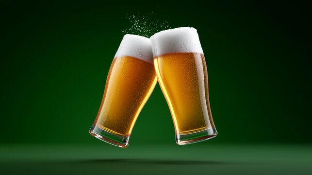 two beer glasses clinking with dynamic splash on dark green background for bar advertising, brewery marketing campaigns, drink menu covers, party invitations, festive banners, oktoberfest