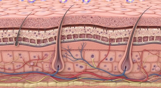 Human skin anatomy layers structure medical illustration dermatology epidermis dermis hypodermis hair follicle