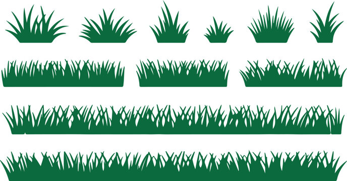 Various green grass tufts and borders are arrayed on a white transparent background in the scene