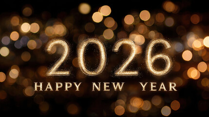 Glowing golden text reads “2026 Happy New Year” against a festive background of shimmering bokeh lights, capturing the joy and sparkle of ringing in the new year
