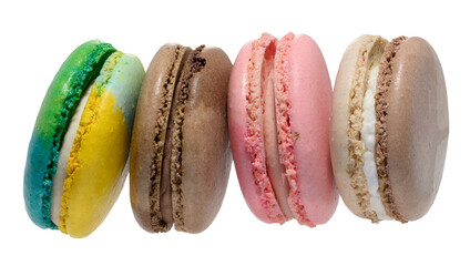 Stack of four colorful macarons blue, yellow, brown, and pink. Dessert on an isolated background