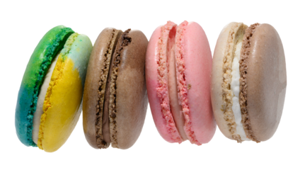 Stack of four colorful macarons blue, yellow, brown, and pink. Dessert on an isolated background