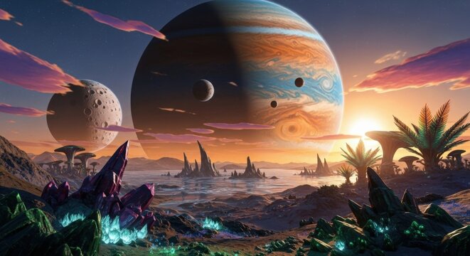 Fantasy alien planet landscape with jupiter like planet moon and crystal formations digital artwork