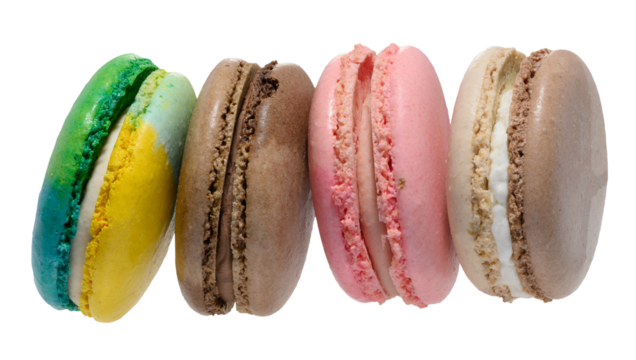 Stack of four colorful macarons blue, yellow, brown, and pink. Dessert on an isolated background - Powered by Adobe