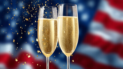 champagne glasses clinking in front of united states flag themed background, elegant sparkling drink scene designed for new year celebration banners, holiday advertising, party promotions, banner
