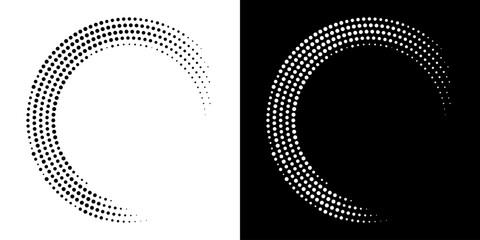 Halftone Circular Dot Pattern. Circle Frame using Halftone Dots Raster Texture. Polka Dots. Spiral logo Icon. Radial design element. Vector Illustration.