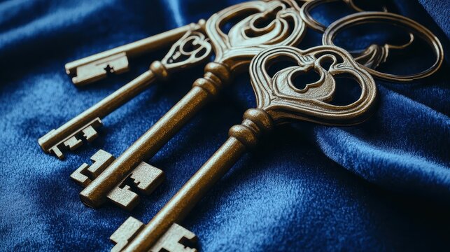 Ornate antique gold keys arranged on rich blue velvet fabric with detailed designs