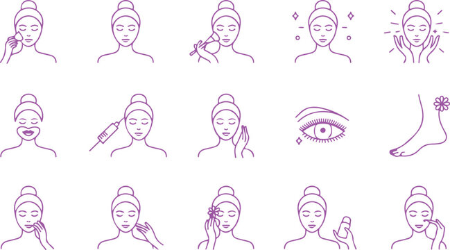 Various pink icons depict skincare steps, including face mask application and cosmetic product use, with transparent background