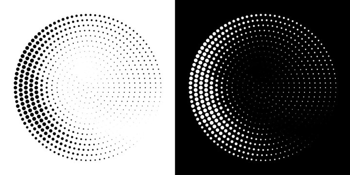 Halftone Circular Dot Pattern. Circle Frame using Halftone Dots Raster Texture. Polka Dots. Spiral logo Icon. Radial design element. Vector Illustration.