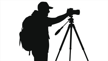 Travel Vlogger Photographer Silhouette: Man with Camera, Tripod & Backpack Capturing Moments, Adventure, Content Creation, Outdoor Exploration. Isolated Vector.