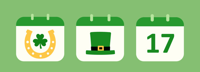 St.Patrick's Day calendar flat icon vector set.
March 17 calendar element isolated.
Good for greeting card,poster, banner, leaflet.
White background.