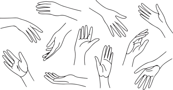Various simple black line drawings showcase diverse positions and expressions of human hands on white