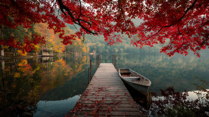 Wooden pier with boat on a calm lake surrounded by vibrant autumn foliage