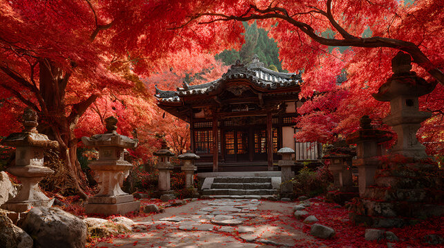 Enchanting japanese temple surrounded by vibrant autumn foliage and stone lanterns - Powered by Adobe