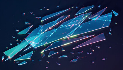 Shattered glass fragments with colorful lighting on a dark background.