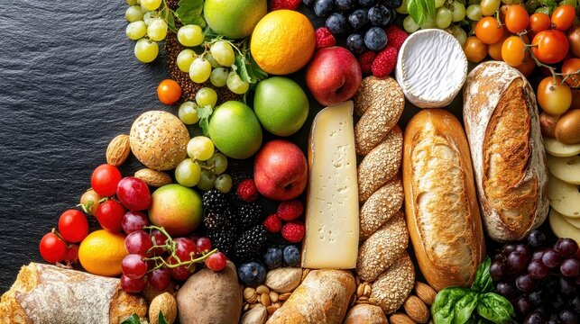 Overhead view of picnic spread featuring bread cheese and fresh fruit