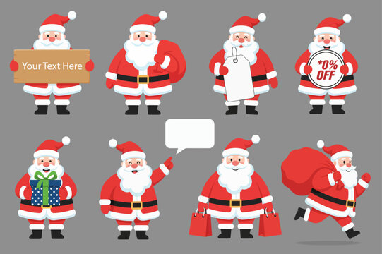 Flat Vector Santa Claus Character Set Holding Sale Signs, Gift Box, Shopping Bags and Speech Bubble &ndash; Editable Christmas Illustration