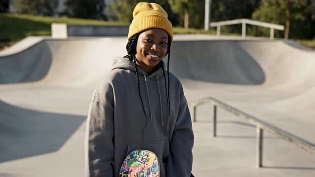smiling young african amrican woman with skateboard at skatepark. teenager in hoodie and headphones enjoying her urban hobby. youth culture and active lifestyle concept.
