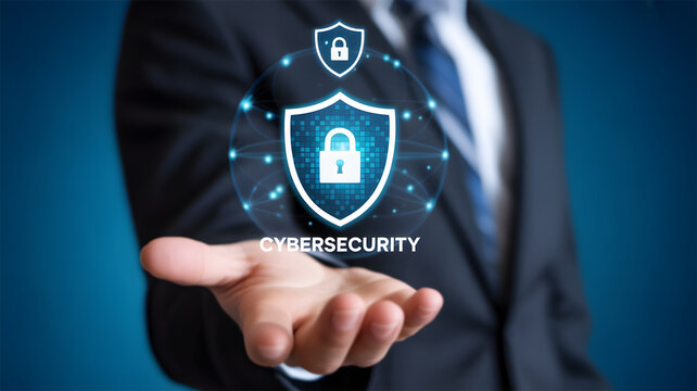 Cybersecurity Concept: Business Hand Presenting Digital Shield and Padlock Icon