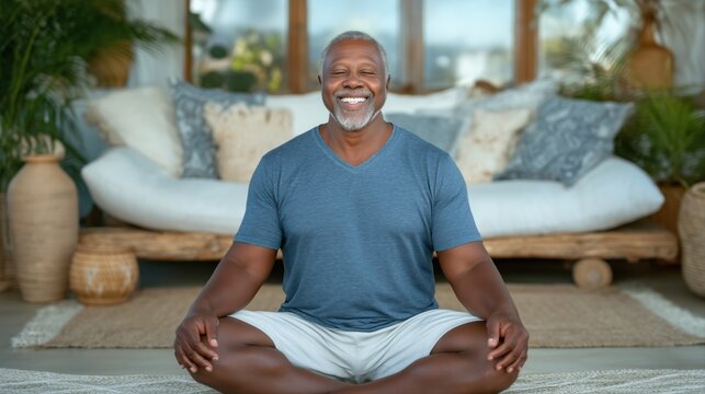 An elderly Black man sitting cross-legged in a minimalist living room, practicing deep breathing yoga meditation