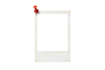 Blank, vintage-style instant photo print with red pushpin, isolated on transparent background