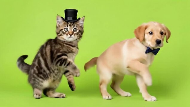 A tabby cat in a top hat and a puppy in a bow tie on a greenscreen background.