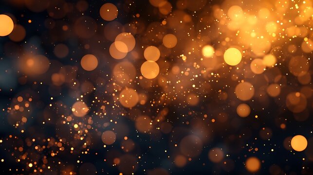 Shimmering golden bokeh lights and sparkling glitter dust create a magical, ethereal glow across a deep dark backdrop