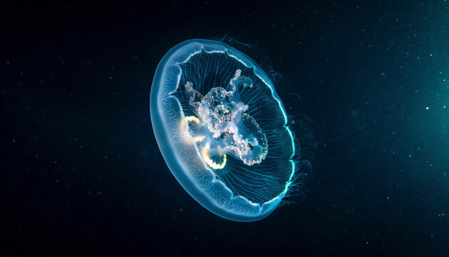 translucent jellyfish floating in dark blue ocean water