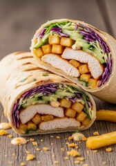 Delicious Chicken Wrap with Fries - A savory chicken wrap filled with fresh vegetables and crispy fries, showcasing balance, indulgence, freshness, texture, and satisfaction