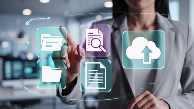 Businesswoman interacts with virtual document management interface displaying folder icons, file search magnifier, cloud upload symbol, and storage buttons. Digital technology system represents data