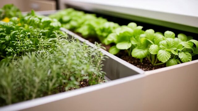 Herb garden in kitchen, fresh and green, sustainable cooking inspiration, indoor gardening trend, modern home aesthetics, Earth Day celebration