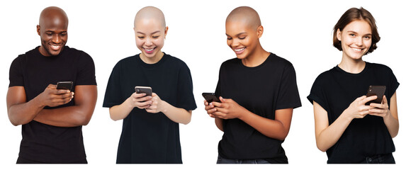 PNG Diverse people using smartphones, element set on transparent background
